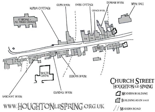 A plan of the historic Church Street, Houghton-le-Spring, as it was around 1958, with modern buildings overlapped