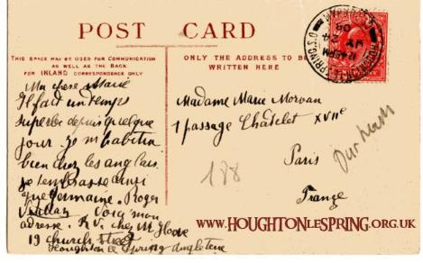 Can you translate this postcard which was sent from Houghton-le-Spring in 1908?