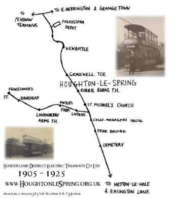 Track route for Sunderland District Tramways in the Houghton-le-Spring area, 1905 - 1925