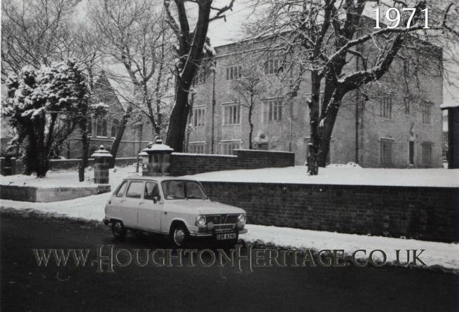 A picturesque view of Houghton Hall covered in snow, 1971