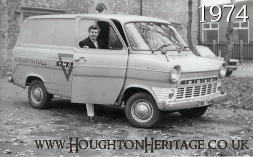 Rowland Storey, General Secretary, outside of the YMCA at Houghton Hall, 1974.  The van was purchased with money from the 'Ys Men Club', a play on the word 'wise men'