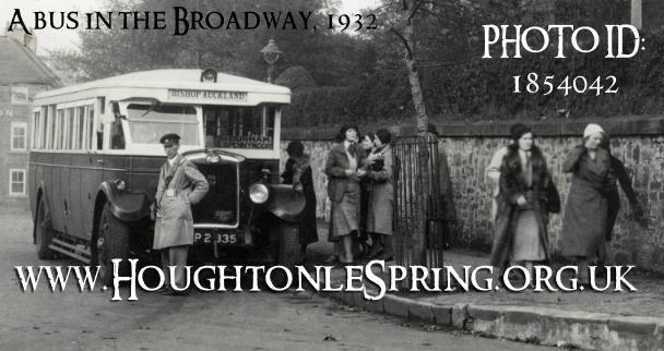 Female passengers disembark from a bus in the Broadway, Houghton, in 1932. The bus is destined for Bishop Aukland via Durham and Spennymoor